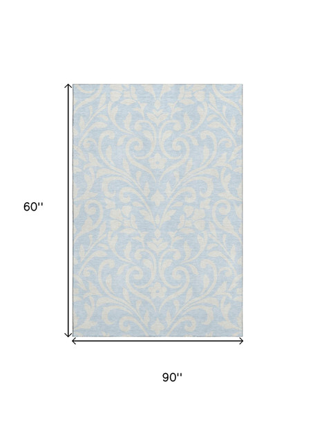 10' X 14' Sky Blue And Ivory Floral Washable Area Rug With UV Protection