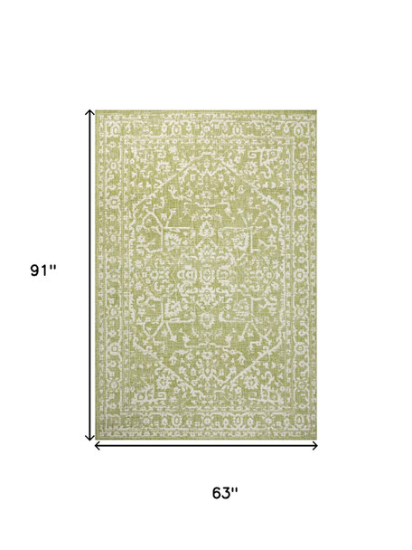 5' X 8' Green And Cream Medallion Indoor Outdoor Area Rug