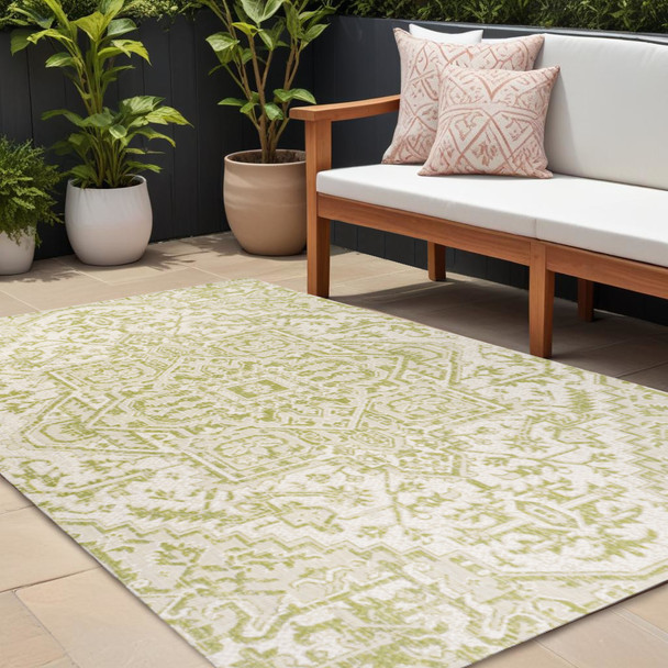 8' X 10' Cream And Green Medallion Indoor Outdoor Area Rug