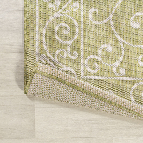 8' Green And Cream Medallion Indoor Outdoor Runner Rug