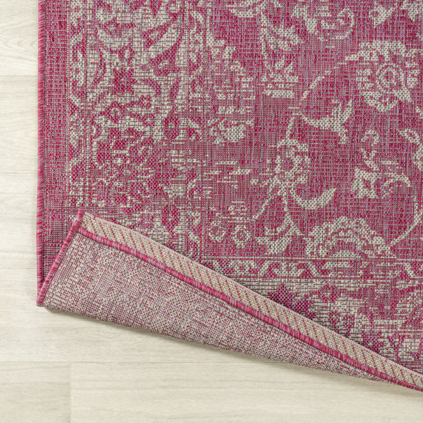 5' Fuchsia And Light Gray Square Medallion Indoor Outdoor Area Rug