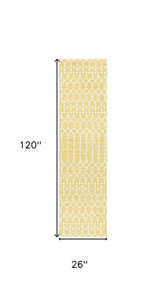 10' Yellow And Cream Trellis Indoor Outdoor Runner Rug