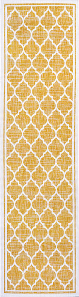 8' Yellow And Cream Geometric Indoor Outdoor Runner Rug