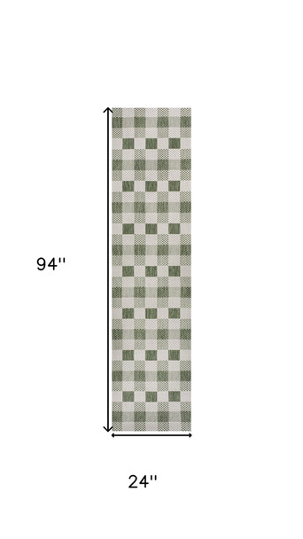 8' Green And Cream Geometric Indoor Outdoor Runner Rug