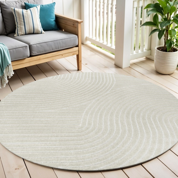 6' Ivory And Cream Round Striped Indoor Outdoor Area Rug