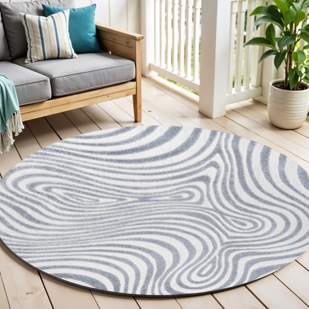9' Light Blue And Ivory Round Abstract Indoor Outdoor Area Rug