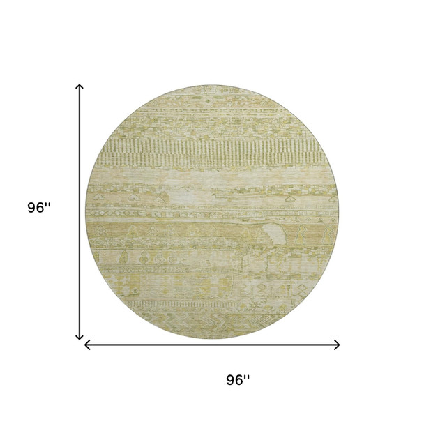 8' Tan And Beige Striped Washable Round Rug With UV Protection