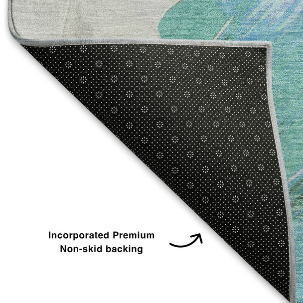 5' X 8' Pale Aqua Blue And Ivory Abstract Washable Area Rug With UV Protection