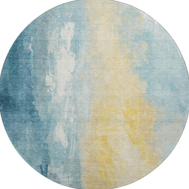 8' Teal And Gold Abstract Washable Round Rug With UV Protection