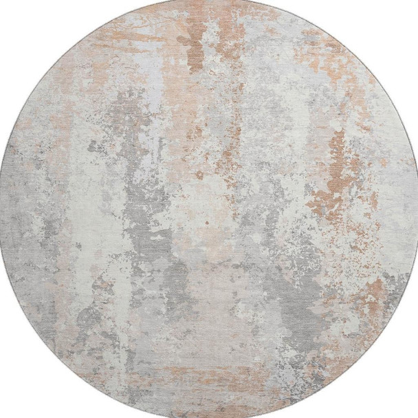 8' Coral And Ivory Abstract Washable Round Rug With UV Protection