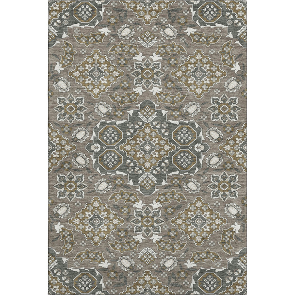 5' X 8' Coffee And Gray Floral Medallion Washable Area Rug With UV Protection