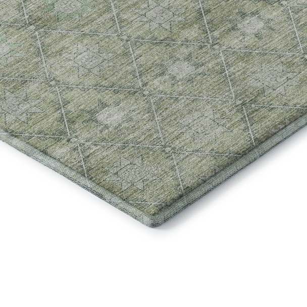 5' X 8' Artichoke Green And Beige Geometric Washable Area Rug With UV Protection