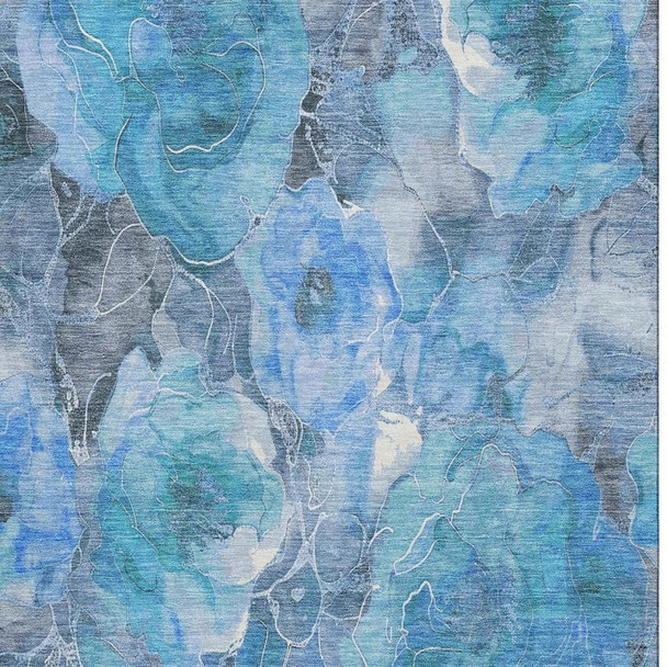 8' X 10' Blue Gray And Ivory Floral Washable Area Rug With UV Protection