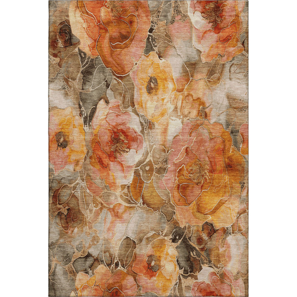 5' X 8' Orange Beige And Taupe Floral Washable Area Rug With UV Protection