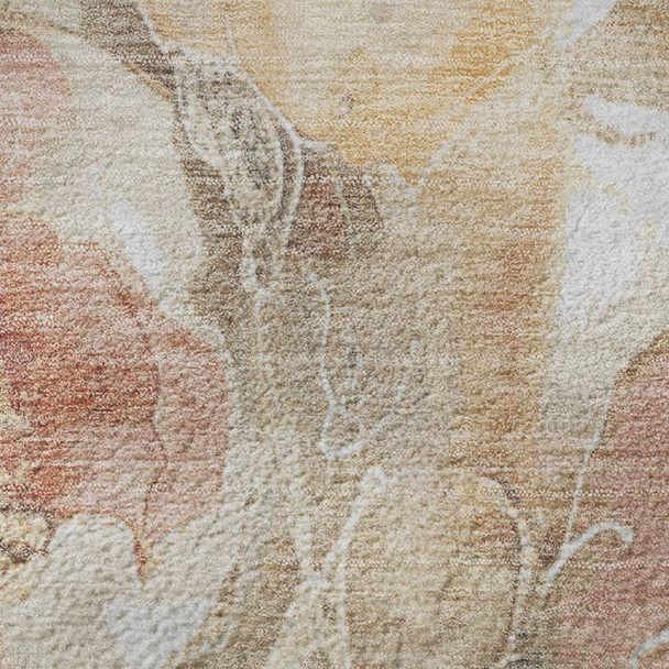 9' X 12' Peach Gold And Beige Floral Washable Area Rug With UV Protection