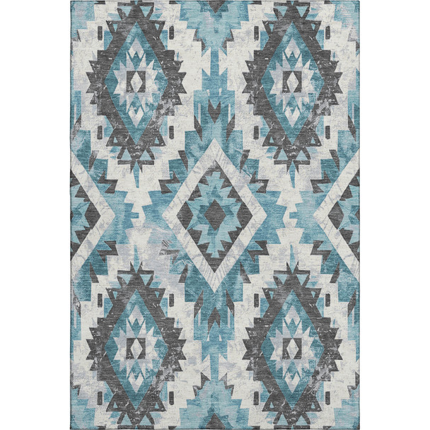 3' X 5' Teal Charcoal And Ivory Southwestern Washable Area Rug With UV Protection