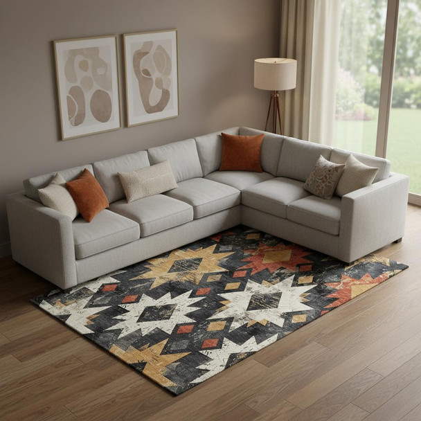 10' X 14' Black Gold And Rust Southwestern Washable Area Rug With UV Protection
