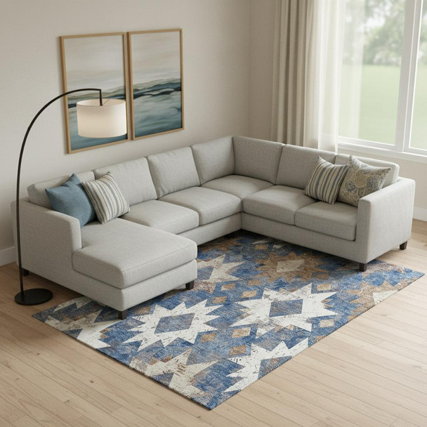 10' X 14' Blue Brown And Ivory Southwestern Washable Area Rug With UV Protection