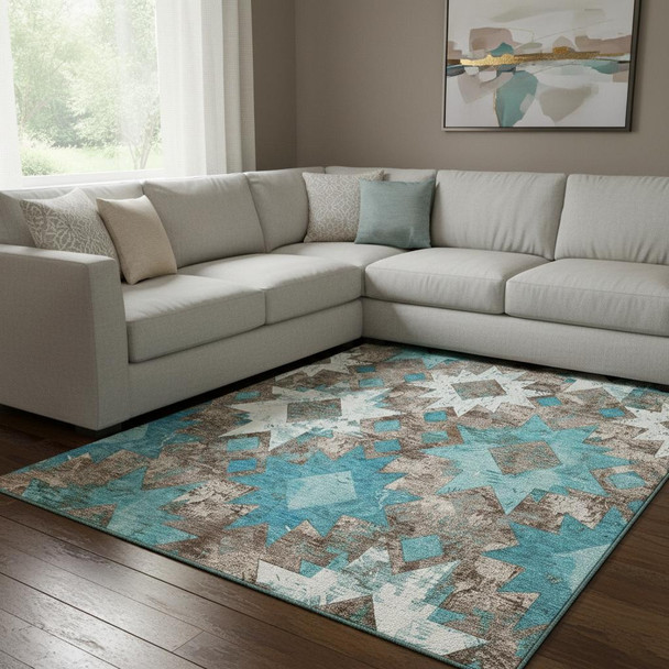 8' X 10' Teal Taupe And Ivory Southwestern Washable Area Rug With UV Protection