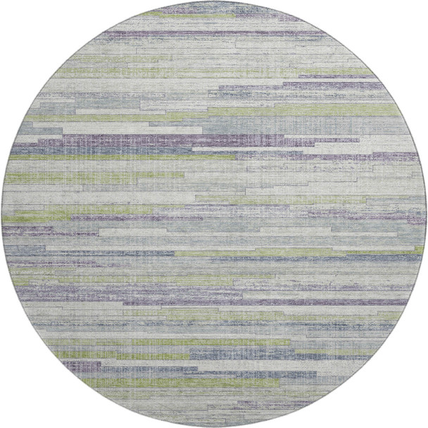 8' Artichoke Green Ivory And Plum Striped Washable Round Rug With UV Protection