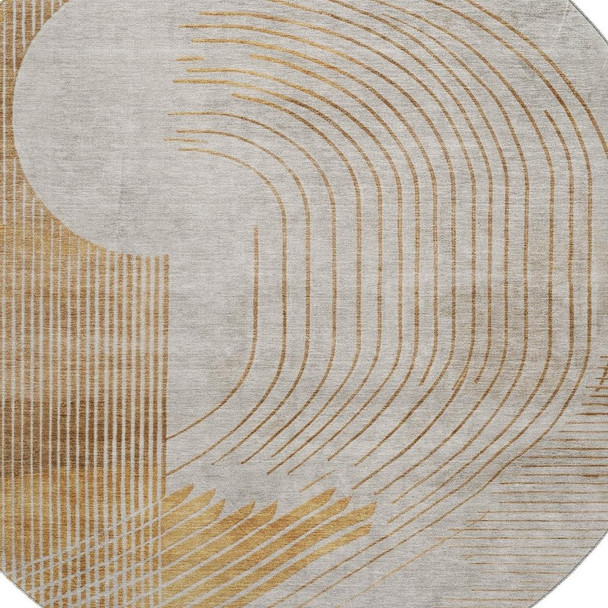 8' Gold And Beige Geometric Washable Round Rug With UV Protection