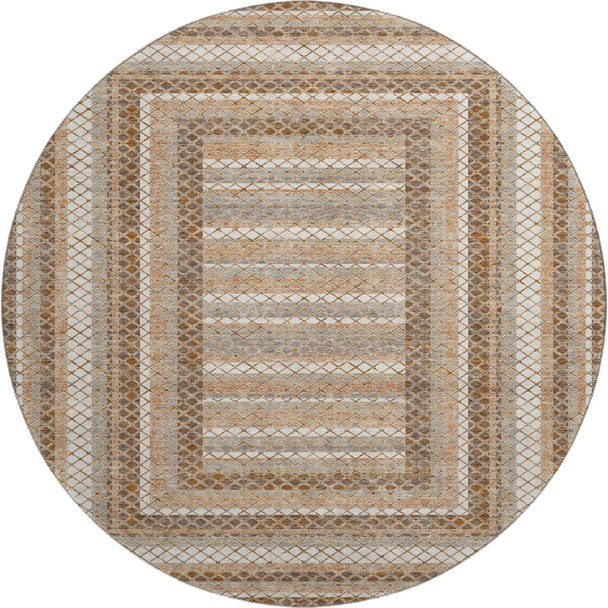 8' Chocolate Ivory And Beige Geometric Washable Round Rug With UV Protection