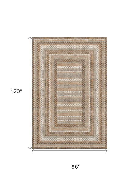 8' X 10' Chocolate Ivory And Beige Geometric Washable Area Rug With UV Protection