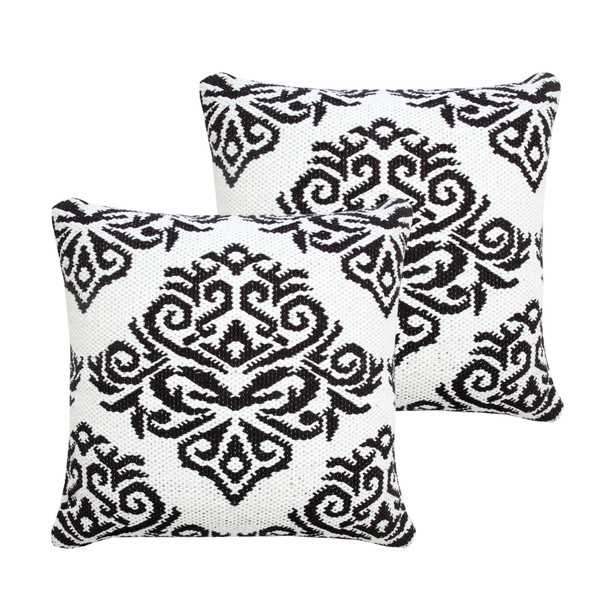 Set of Two 20" White And Black Damask Cotton Blend Throw Pillows