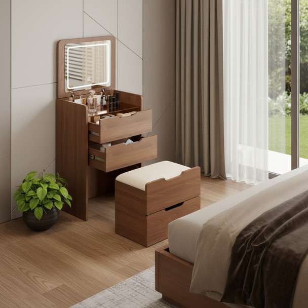 19" Walnut Wood Mirrored Three Drawer Vanity Table