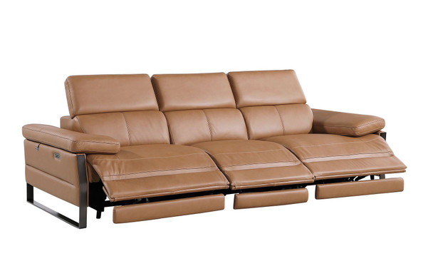 103" Chestnut Top Grain Leather Reclining Metal USB Sofa