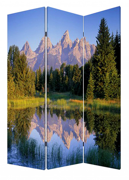 72" Blue And Green Canvas Folding Three Panel Screen Room Divider