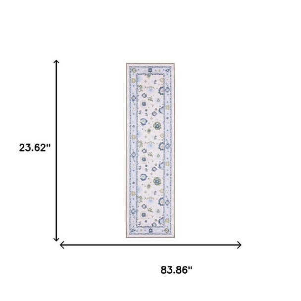 7' White And Blue Oriental Washable Runner Rug