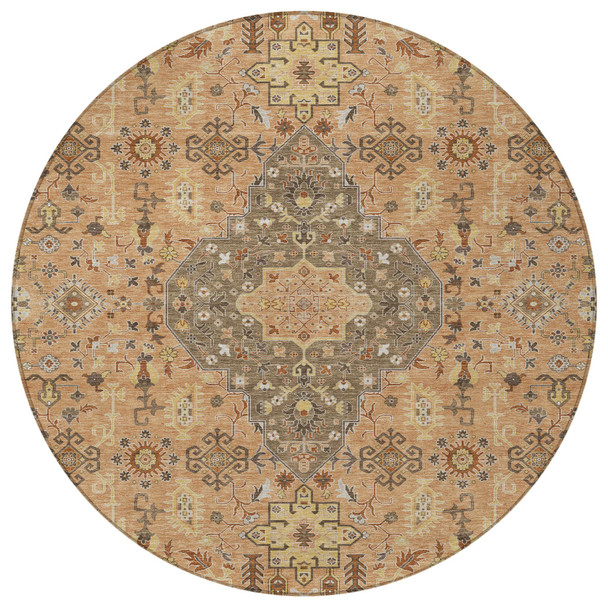 8' Copper And Blue Round Medallion Washable Indoor Outdoor Area Rug