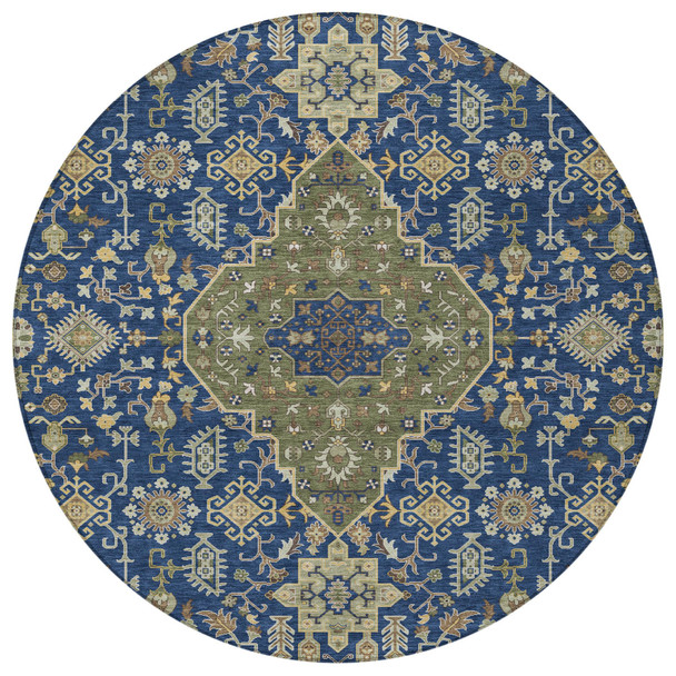 8' Navy Blue And Pewter Round Medallion Washable Indoor Outdoor Area Rug