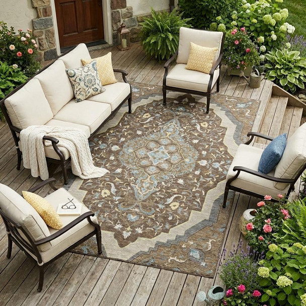 8' X 10' Brown And Beige Medallion Washable Indoor Outdoor Area Rug