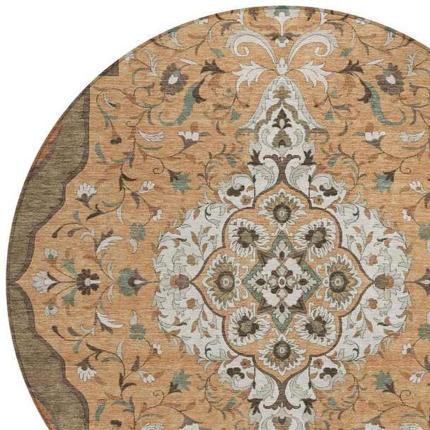 8' Copper And Blue Round Medallion Washable Indoor Outdoor Area Rug