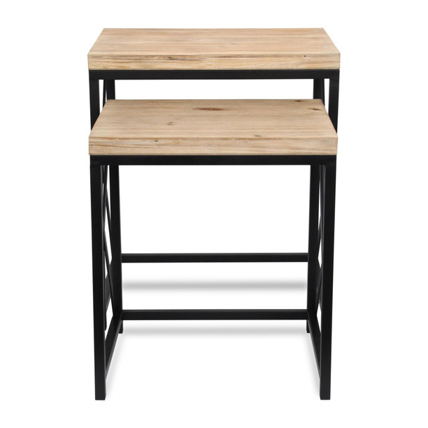 Set of Two Light Brown and Black Distressed Solid Wood and Steel Nested Tables