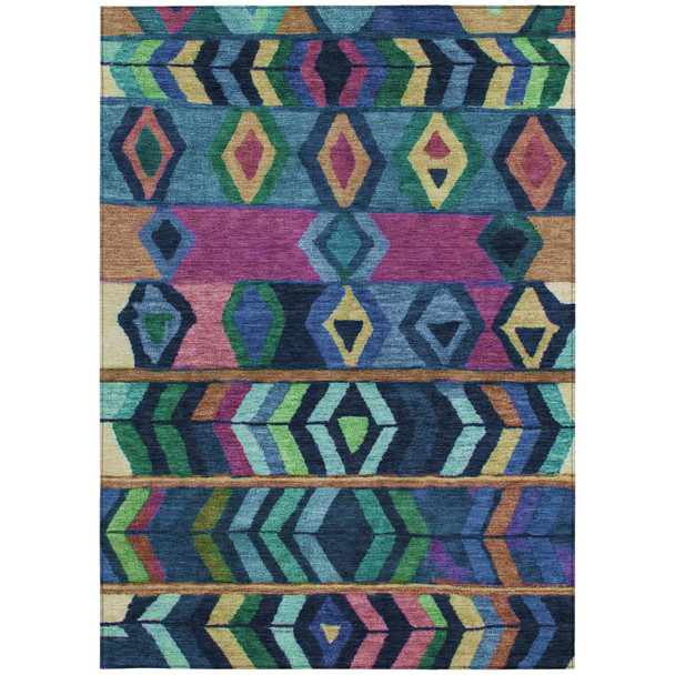 3' X 5' Navy Blue And Blue Tribal Washable Indoor Outdoor Area Rug