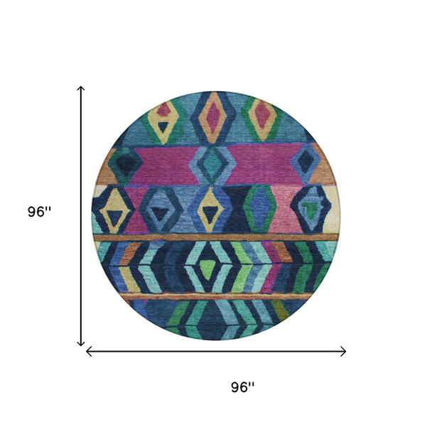 8' Navy Blue And Blue Round Tribal Washable Indoor Outdoor Area Rug