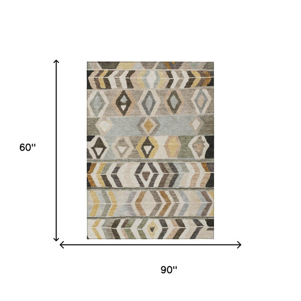 5' X 8' Pewter And Gray Tribal Washable Indoor Outdoor Area Rug