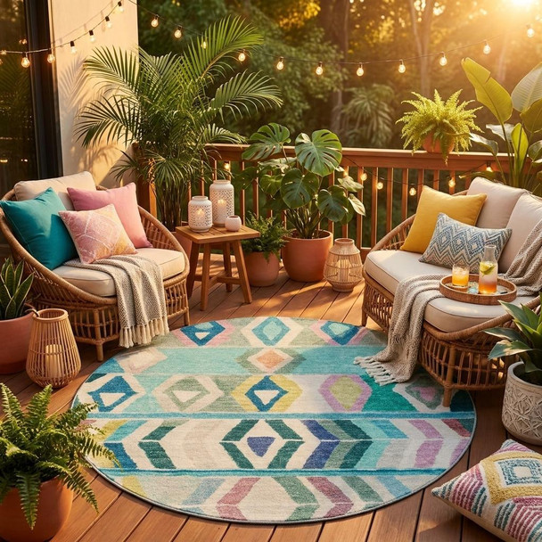 8' Teal Blue And Turquoise Round Tribal Washable Indoor Outdoor Area Rug