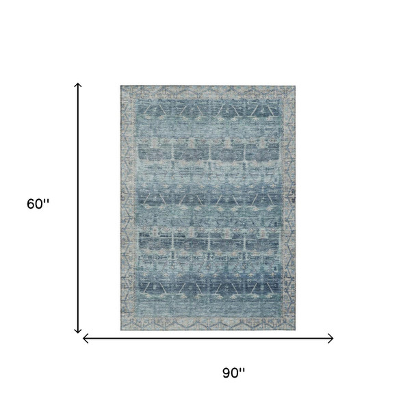 5' X 8' Denim Blue And Blue Tribal Washable Indoor Outdoor Area Rug