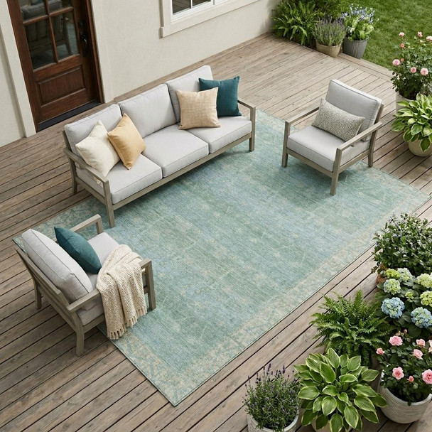 10' X 14' Mint Green And Green Tribal Washable Indoor Outdoor Area Rug