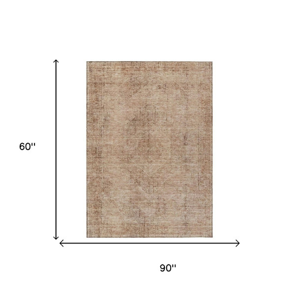 5' X 8' Salmon And Orange Oriental Washable Indoor Outdoor Area Rug