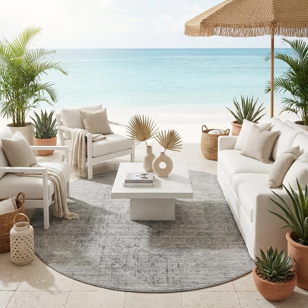 8' Silver And Gray Round Oriental Washable Indoor Outdoor Area Rug
