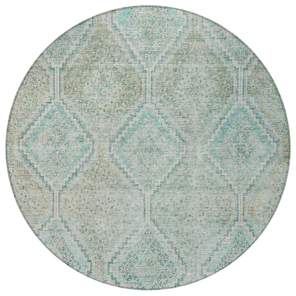 8' Turquoise And Teal Blue Round Geometric Washable Indoor Outdoor Area Rug