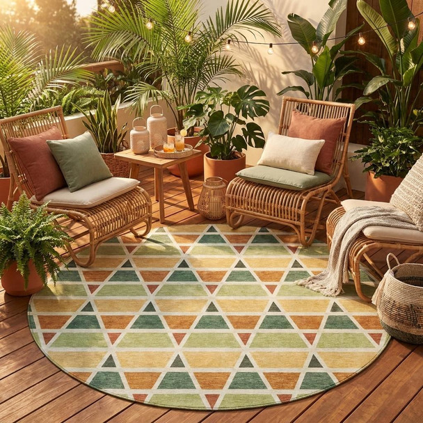 8' Fern Green And Green Round Geometric Washable Indoor Outdoor Area Rug