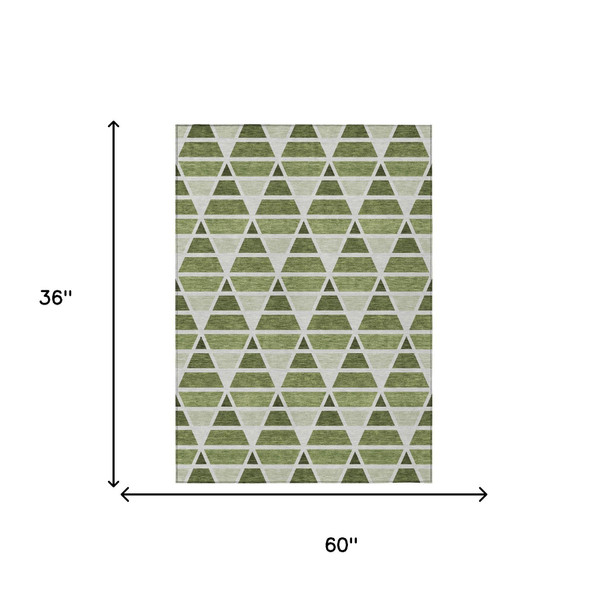 3' X 5' Fern Green And Green Geometric Washable Indoor Outdoor Area Rug