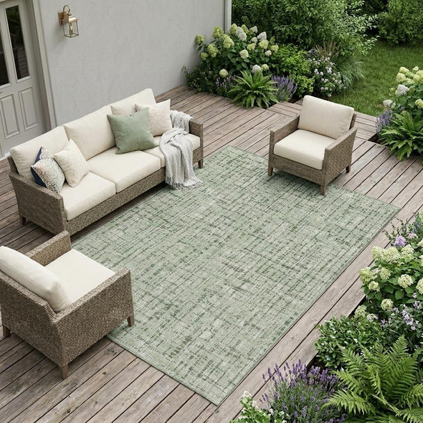 9' X 12' Green And Brown Abstract Washable Indoor Outdoor Area Rug