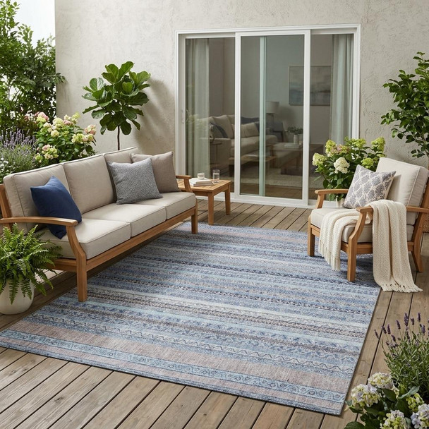 5' X 8' Sky Blue And Blue Striped Washable Indoor Outdoor Area Rug